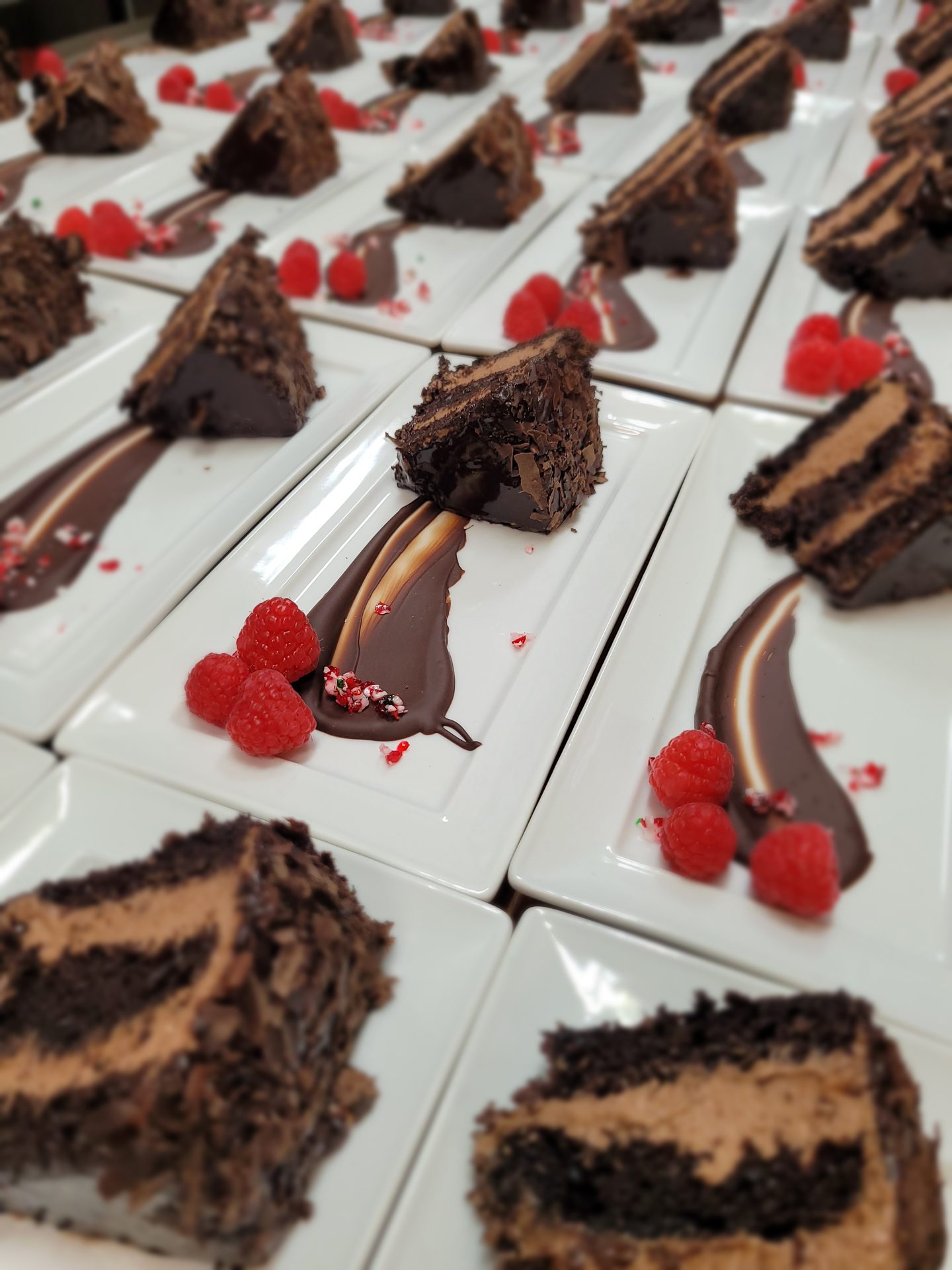 Plated chocolate layer cake with raspberries for a catered gala