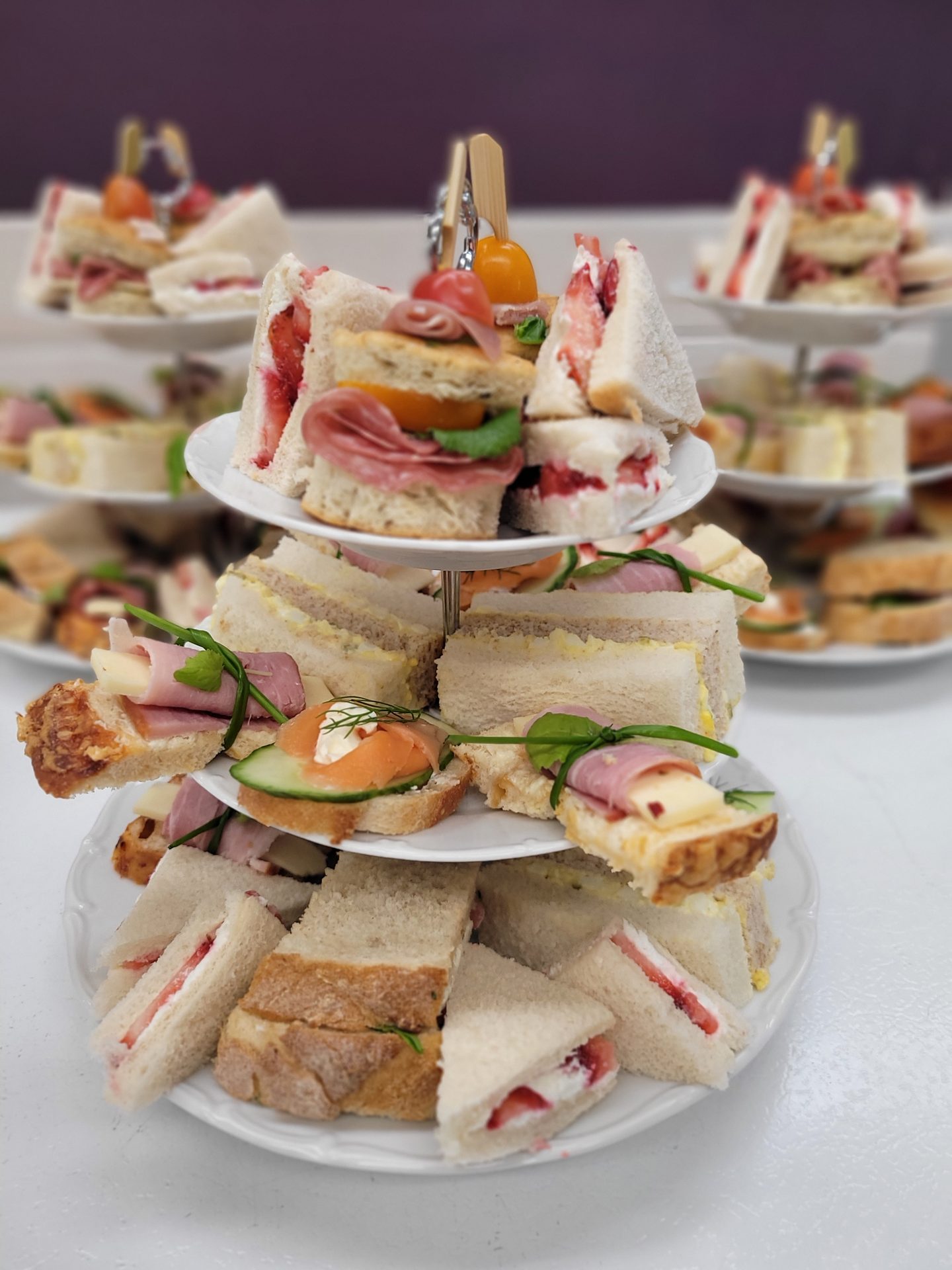 Tiered tea sandwich tower for a bridal shower